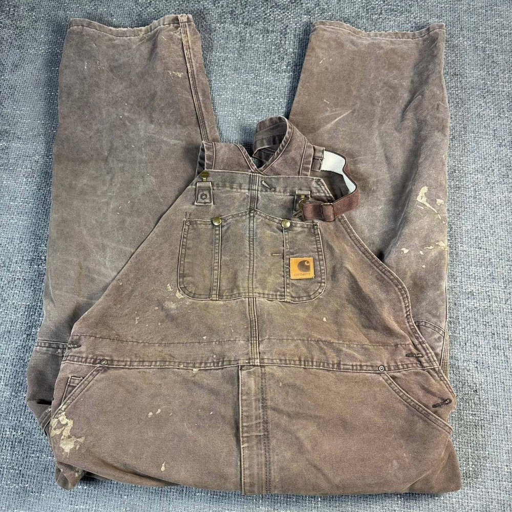 Carhartt R06 CHT Duck Bib Overalls Mens 46x30 Brown Double Knee Distressed
